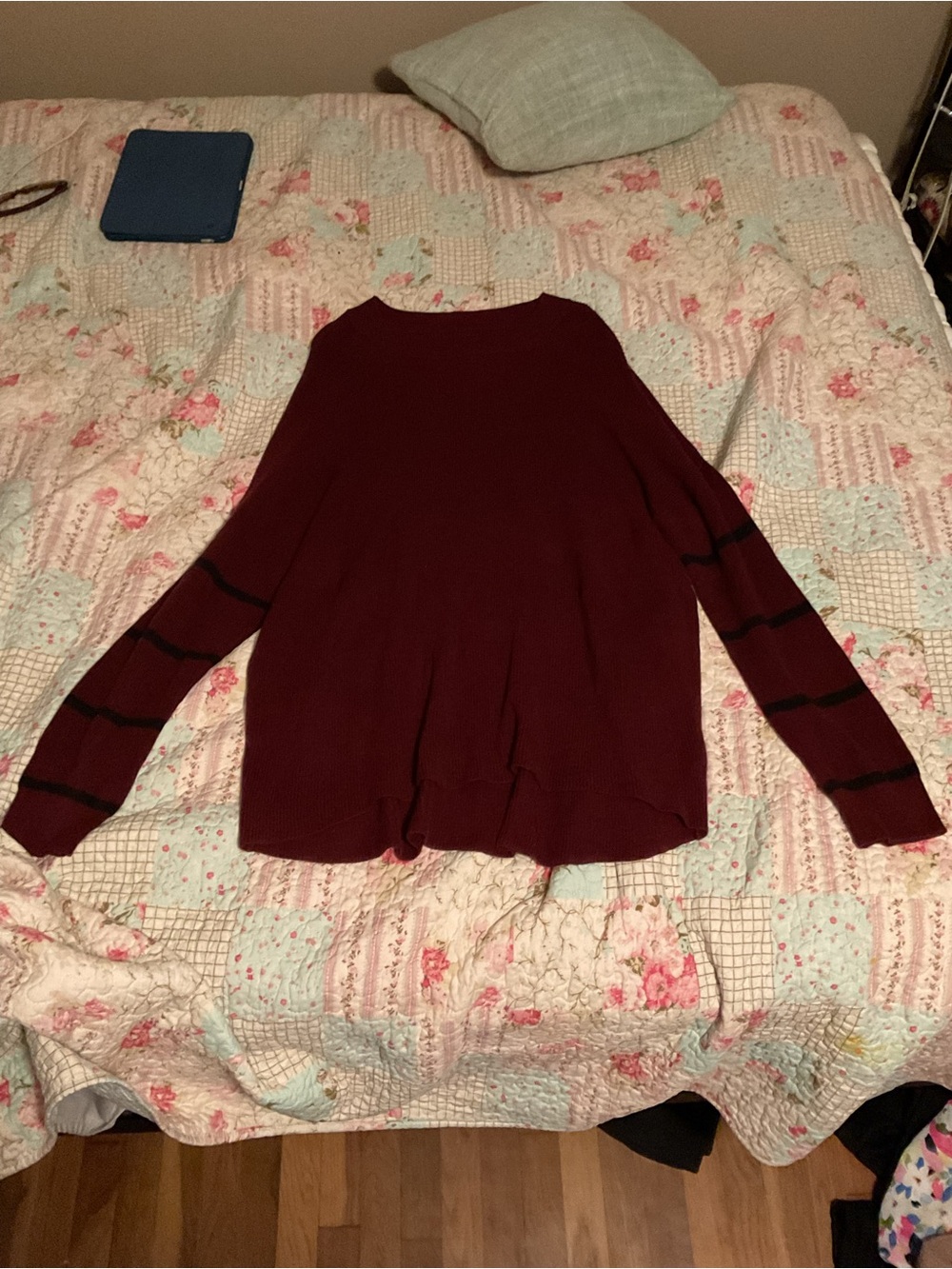 American Eagle Outfitters Burgundy Crewneck Sweater with Black Sleeve Stripes